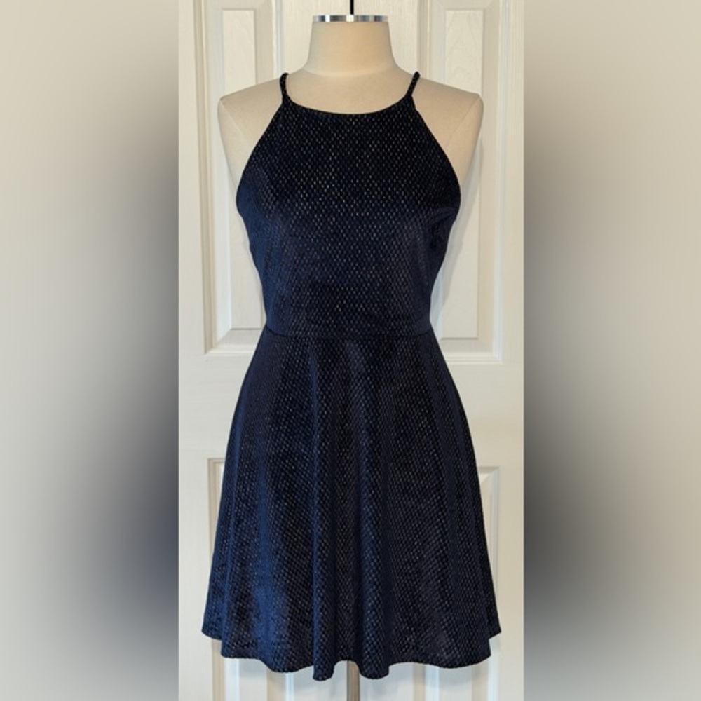 Rosie Harlow Navy Blue Velvet Metallic Skater Dress Size XL Sleeveless Fit Flare